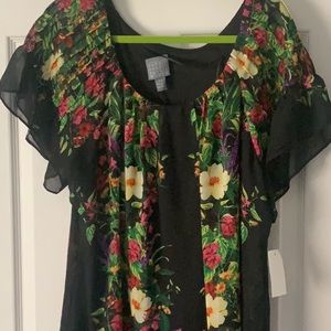 Rabbit,rabbit size 18w A line dress. Back with bright flowers 100% polyester.